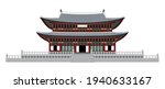 Vector illustration of Korean-style house hanok in flat style. Traditional style Gyeongbokgung Palace card, invitation, poster or banner template. EPS10
