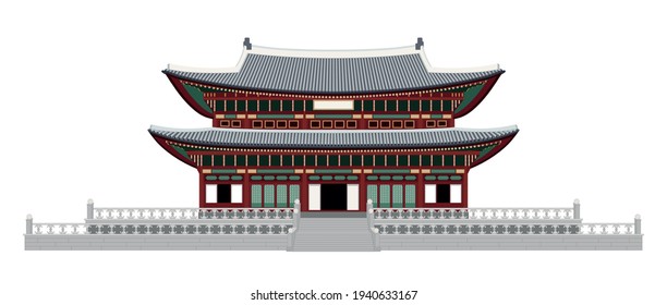 Vector illustration of Korean-style house hanok in flat style. Traditional style Gyeongbokgung Palace card, invitation, poster or banner template. EPS10 - Shutterstock ID 1940633167