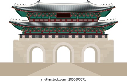 Vektorgrafik des koreanischen Hauses hanok im Flachstil. Gwanghwamun Gate of Gyeongbokgung Palace. Traditionelle Stilkarte, Einladung, Poster oder Banner-Vorlage. EPS10