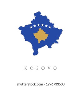 Vector illustration with Kosovo national flag with shape of this map. Map with flag of Kosovo isolated on white. National flag for country of Kosovo isolated