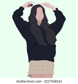 Vector Illustration Of Kpop Fashion Stage. Korean Idol Performs. K-pop Female Fashion Idol. Female Idol Who Is Doing The Love Pose With Her Hands.