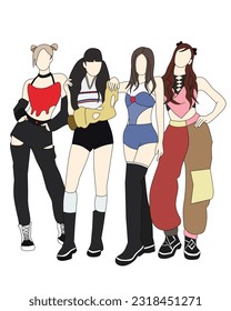 Ilustración vectorial del escenario de la moda Kpop. Representación de cuatro ídolos coreanos. Idol de moda femenino K-pop. la cantante que cantaba llevaba ropa hermosa. modelo femenino hermoso