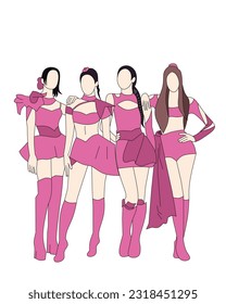 Ilustración vectorial del escenario de la moda Kpop. Representación de cuatro ídolos coreanos. Idol de moda femenino K-pop. la cantante que cantaba llevaba ropa hermosa. modelo femenino hermoso