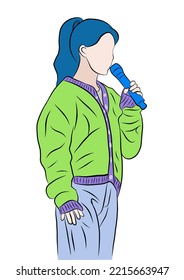 A vector illustration of a kpop singer with a blue microphone, blue hair, green shirt, and blue pants on a white background.