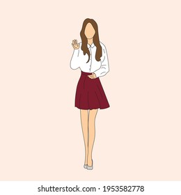 Vector illustration of Kpop street fashion. Street idols of Koreans. K pop male idol fashion.A girl in a burgundy skirt and a white shirt.