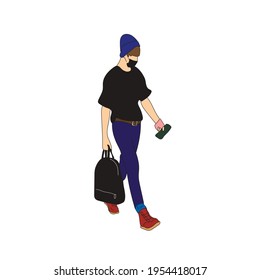Vector illustration of Kpop street fashion. Street idols of Koreans. Kpop male idol fashion. A guy in blue jeans and a black T-shirt and carrying a black bag. svg