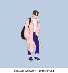 Vector illustration of Kpop street fashion. Street idols of Koreans. Kpop male idol fashion. A guy in blue jeans and a pink raincoat.	 svg