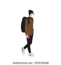 Vector illustration of Kpop street fashion. Street idols of Koreans. Kpop male idol fashion. A guy in black pants and a brown shirt.	 svg