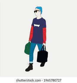 Vector illustration of Kpop street fashion. Street idols of Koreans. Kpop male fashion idol. A guy in blue jeans and a blue hoodie,with a black and green bag. svg