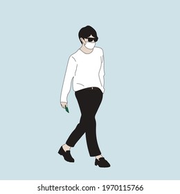 Vector illustration of Kpop street fashion. Street idols of Koreans. Kpop men's fashion idol. A guy in black pants and a white sweatshirt. svg