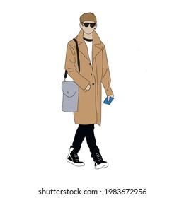 Vector illustration of Kpop street fashion. Street idols of Koreans. Kpop male fashion idol. A guy in a beige coat with black trousers. svg
