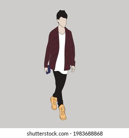 Vector illustration of Kpop street fashion. Street idols of Koreans. Kpop men's fashion idol. The guy in the maroon shirt in the black pants. svg