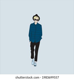 Vector illustration of Kpop street fashion. Street idols of Koreans. Kpop men's fashion idol. A guy in a blue shirt and black pants. svg