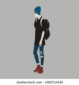 Vector illustration of Kpop street fashion. Street idols of Koreans. Kpop men's fashion idol. A guy in a black T-shirt and blue jeans. svg