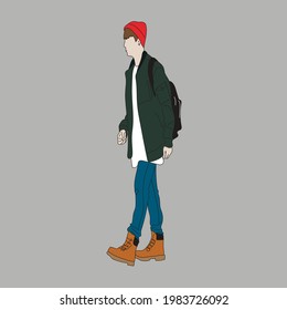Vector illustration of Kpop street fashion. Street idols of Koreans. Kpop men's fashion idol. A guy in a green jacket and blue jeans. svg