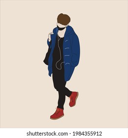 Vector illustration of Kpop street fashion. Street idols of Koreans. Kpop men's fashion idol. A guy in a blue jacket and black jeans and a black mask. svg