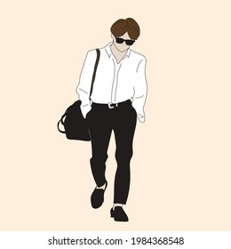 Vector illustration of Kpop street fashion. Street idols of Koreans. Kpop men's fashion idol. A guy in black pants and a white shirt. svg