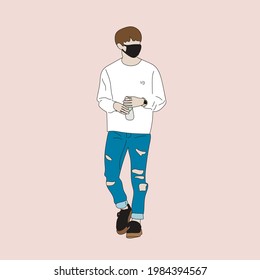 Vector illustration of Kpop street fashion. Street idols of Koreans. Kpop men's fashion idol. A guy in blue jeans and a white sweatshirt. svg