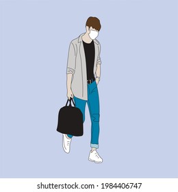 Vector illustration of Kpop street fashion. Street idols of Koreans. Kpop men's fashion idol. A guy in blue jeans and a gray hoodie and a white mask. svg