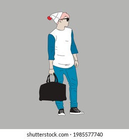 Vector illustration of Kpop street fashion. Street idols of Koreans. Kpop men's fashion idol. A guy in jeans and a white hat with a black bag. svg