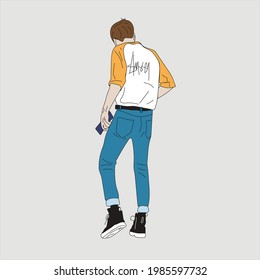 Vector illustration of Kpop street fashion. Street idols of Koreans. Kpop men's fashion idol. A guy in jeans and a white sweatshirt with yellow sleeves. svg