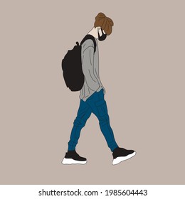 Vector illustration of Kpop street fashion. Street idols of Koreans. Kpop men's fashion idol. A guy in jeans and a gray sweatshirt with a backpack.