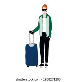 Vector illustration of Kpop street fashion. Street idols of Koreans. Kpop men's fashion idol. The guy in black trousers, sneakers and a green jacket with a suitcase is traveling.