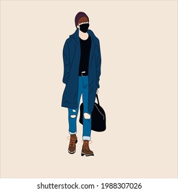 Vector illustration of Kpop street fashion. Street idols of Koreans. Kpop men's fashion idol. A guy in blue jeans and a raincoat and boots with a black bag and a mask on his face. svg