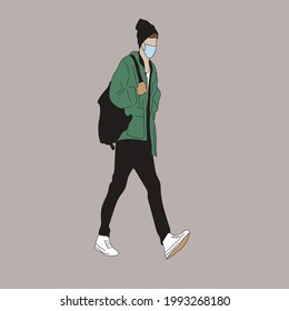 Vector illustration of Kpop street fashion. Street idols of Koreans. Kpop male fashion idol. A guy in black jeans and a green jacket and a black backpack and with white sneakers and a mask on his face