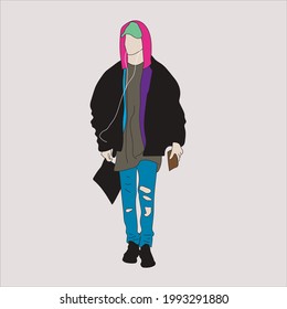 Vector illustration of Kpop street fashion. Street idols of Koreans. Kpop men's fashion idol. A guy in blue jeans and a black jacket and a green cap.