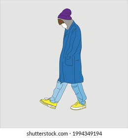 Vector illustration of Kpop street fashion. Street idols of Koreans. Kpop men's fashion idol. A guy in jeans, a blue raincoat, and yellow sneakers.