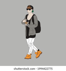 Vector illustration of Kpop street fashion. Street idols of Koreans. Kpop men's fashion idol.A guy in white jeans and a gray cardigan with boots and backpacks. svg