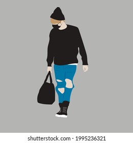 Vector illustration of Kpop street fashion. Street idols of Koreans. Kpop men's fashion idol. A guy in blue jeans and a black sweatshirt and with a bag and a mask on his face. svg