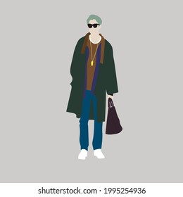  Vector illustration of Kpop street fashion. Street idols of Koreans. Kpop men's fashion idol.A guy in a green coat with jeans and a bag. svg