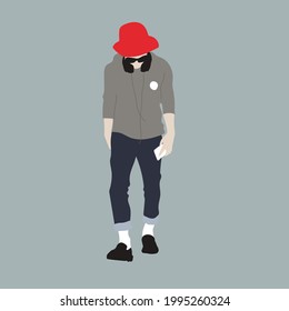 Vector illustration of Kpop street fashion. Street idols of Koreans. Kpop men's fashion idol.A guy in jeans and a gray hoodie and a red hat.