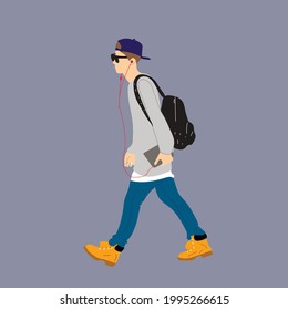 Vector illustration of Kpop street fashion. Street idols of Koreans. Kpop male idol fashion. A guy in blue jeans and a gray sweatshirt, a backpack on his back. svg