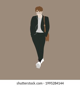 Vector illustration of Kpop street fashion. Street idols of Koreans. Kpop men's fashion idol. A guy in a green suit with a brown bag.