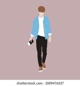 Ilustración vectorial de la moda callejera de Kpop. Idolos callejeros de los coreanos. Moda para los ídolos hombres Kpop. Un tipo con jeans negros y una chaqueta de denim azul y una camiseta blanca.