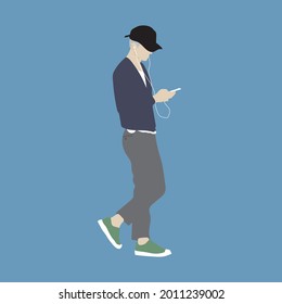 Vector illustration of Kpop street fashion. Street idols of Koreans. Fashion for male idols Kpop. A guy in a blue cardigan and gray trousers and holding a phone with headphones in his hands.