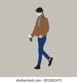 Vector illustration of Kpop street fashion. Street idols of Koreans. Fashion for male idols Kpop. A guy in blue jeans and a brown jacket with a scarf.