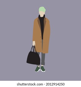 Vector illustration of Kpop street fashion. Street idols of Koreans. The idol of Kpop men's fashion. A guy in a brown coat and gray trousers with sneakers. svg