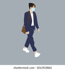Vector illustration of Kpop street fashion. Street idols of Koreans. The idol of Kpop men's fashion. A guy in a suit, with a mask on his face and white sneakers.