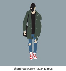 Vector illustration of Kpop street fashion. Street idols of Koreans. The idol of Kpop men's fashion. A guy in jeans and a green jacket and sneakers and a black mask.