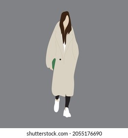  Vector illustration of Kpop street fashion. Street idols of Koreans. Kpop women's fashion idol. A girl in a fur coat and black leggings and a green bag.