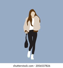 Vector illustration of Kpop street fashion. Street idols of Koreans. Kpop women's fashion idol. A girl in a brown fur coat, black jeans, a bag and sneakers.	