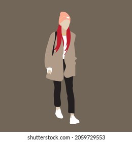 Vector illustration of Kpop street fashion. Street idols of Koreans. Kpop women's fashion idol. A girl in a brown jacket, black trousers.