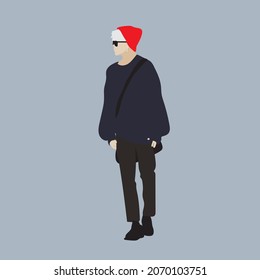 Vector illustration of Kpop street fashion. Street idols of Koreans. Men's fashion idols Kpop. A guy in black trousers and a red hat. svg