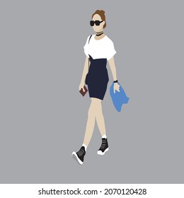 Vector illustration of Kpop street fashion. Street idols of Koreans. Kpop women's fashion idol. A girl in a white T-shirt and a black skirt with sneakers.