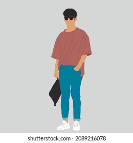 Vector illustration of Kpop street fashion. Street idols of Koreans. Men's fashion idols Kpop. A guy in a dark pink T-shirt and jeans and a white sneaker.