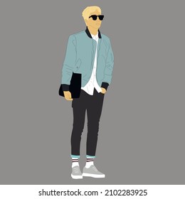 Vector illustration of Kpop street fashion. Street idols of Koreans. Fashion for male idols Kpop. A guy in a blue jacket and black trousers and black glasses.